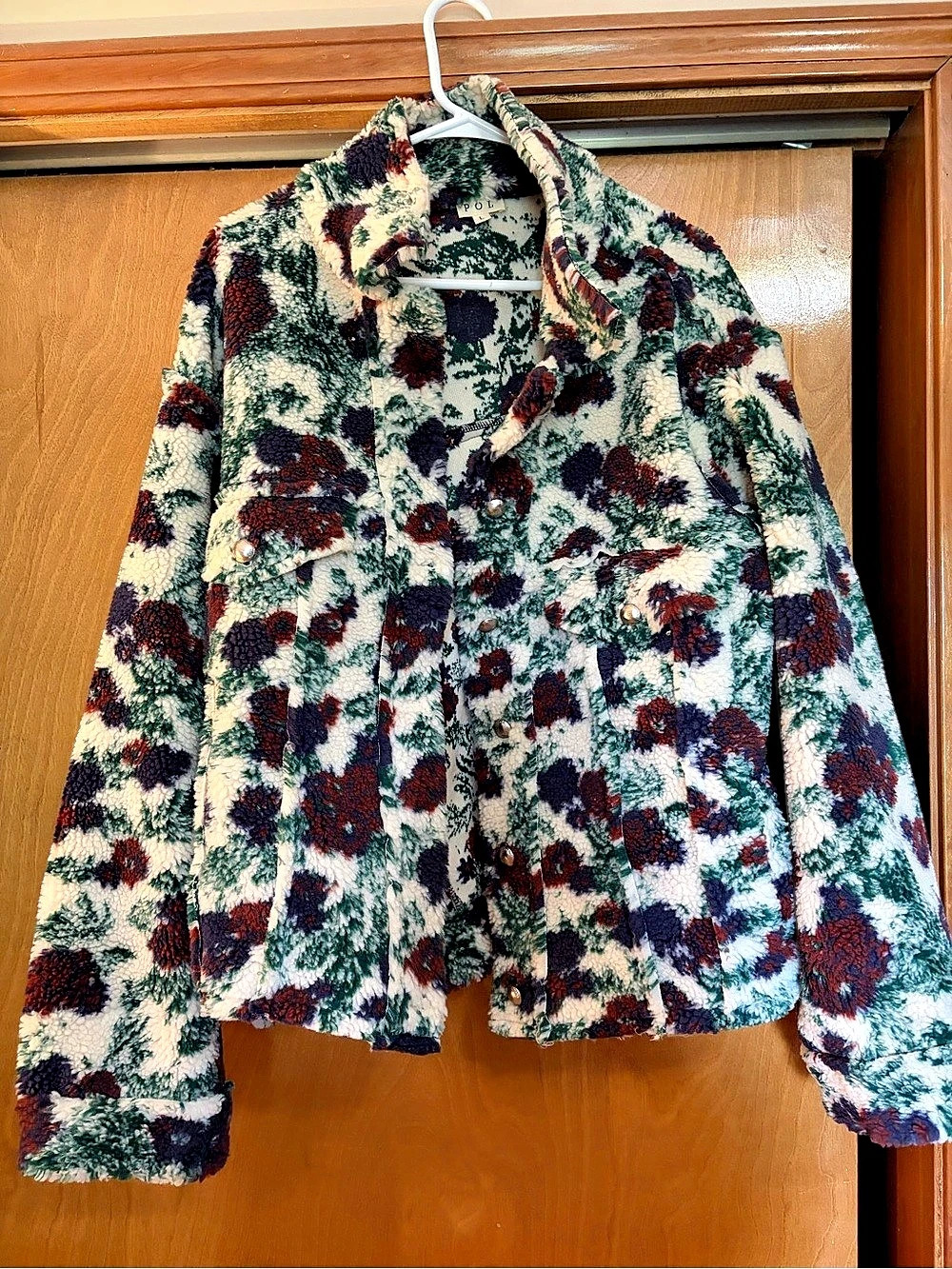 POL Long Sleeve Textured Sherpa Floral Coat Jacket Cream & Green Large